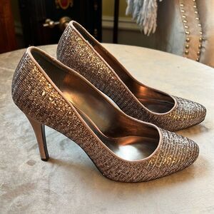 Sz 8 Nina Gold Taupe Tuxedo Stripe Bronze Glitter Heels EUC!